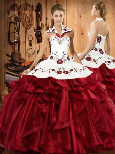 Sleeveless Satin and Organza Floor Length Lace Up Sweet 16 Dress in Wine Red with Embroidery and Ruffles