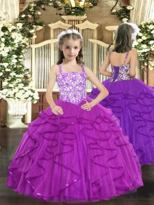 Pretty Purple Tulle Lace Up Straps Sleeveless Floor Length Kids Formal Wear Beading and Ruffles