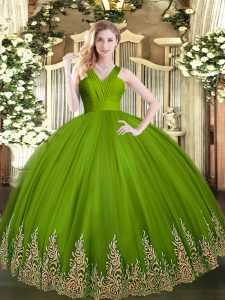 Best Olive Green Zipper 15th Birthday Dress Appliques Sleeveless Floor Length