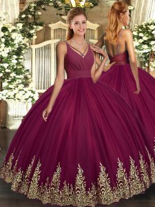 Noble Floor Length Backless 15th Birthday Dress Burgundy for Sweet 16 and Quinceanera with Beading and Appliques