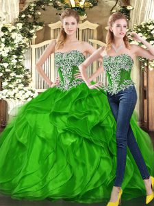 Sleeveless Organza Floor Length Lace Up Quinceanera Gowns in Green with Beading and Ruffles
