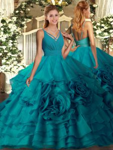 Sweep Train Ball Gowns Vestidos de Quinceanera Teal V-neck Fabric With Rolling Flowers Sleeveless With Train Backless