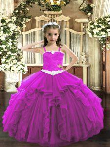 Hot Selling Straps Sleeveless Evening Gowns Floor Length Appliques and Ruffles Fuchsia Tulle