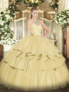Sumptuous Champagne Ball Gowns Sweetheart Sleeveless Taffeta Floor Length Lace Up Beading and Ruffled Layers Quinceanera Gown