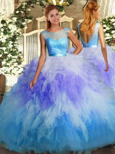 Scoop Sleeveless Tulle Quinceanera Dresses Beading and Ruffles Backless