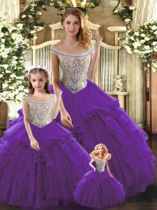 Purple Ball Gowns Tulle Bateau Sleeveless Beading and Ruffles Floor Length Lace Up Quinceanera Gown