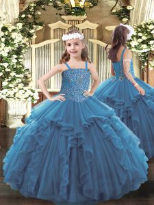 Tulle Straps Sleeveless Lace Up Beading and Ruffles Pageant Dress for Womens in Teal