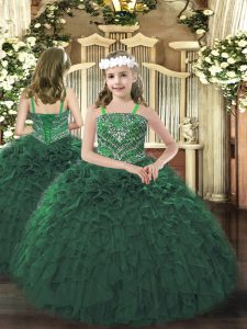 Sleeveless Floor Length Beading and Ruffles Lace Up Pageant Dress for Womens with Dark Green