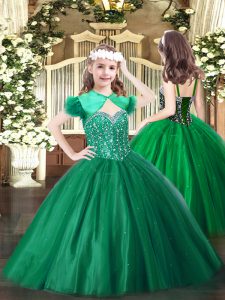 Sweet Ball Gowns Little Girls Pageant Gowns Dark Green Straps Tulle Sleeveless Floor Length Lace Up