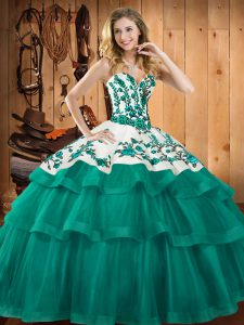 Wonderful Sweetheart Sleeveless Quince Ball Gowns Sweep Train Embroidery Turquoise Organza