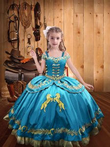 Cute Baby Blue Satin Lace Up Off The Shoulder Sleeveless Floor Length Pageant Gowns For Girls Beading and Embroidery