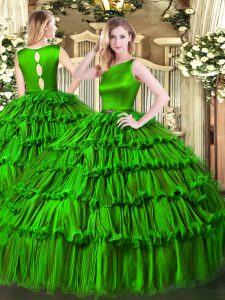 Amazing Sleeveless Floor Length Ruffled Layers Clasp Handle Quinceanera Gowns with Green