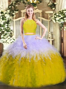 Multi-color Two Pieces Tulle Scoop Sleeveless Ruffles Floor Length Zipper Quince Ball Gowns