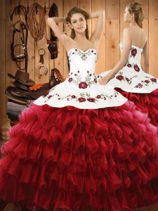 Wine Red Sweetheart Lace Up Embroidery and Ruffled Layers Vestidos de Quinceanera Sleeveless