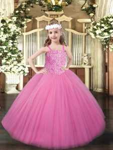 Sleeveless Tulle Floor Length Lace Up Little Girls Pageant Dress Wholesale in Rose Pink with Beading