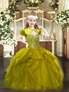Discount Olive Green Tulle Lace Up Pageant Dress for Teens Sleeveless Floor Length Beading and Ruffles