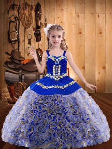 Multi-color Fabric With Rolling Flowers Lace Up Little Girls Pageant Dress Sleeveless Floor Length Embroidery and Ruffles