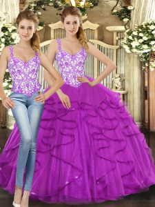 Nice Beading and Ruffles Sweet 16 Quinceanera Dress Fuchsia Lace Up Sleeveless Floor Length