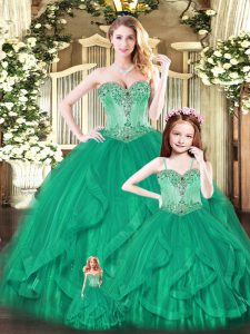 Aqua Blue Lace Up Sweetheart Beading and Ruffles Sweet 16 Dresses Tulle Sleeveless