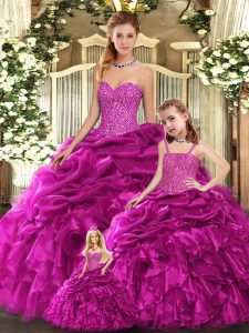 Artistic Fuchsia Ball Gowns Sweetheart Sleeveless Organza Floor Length Lace Up Beading and Ruffles Quince Ball Gowns