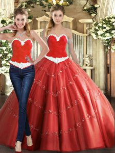 Coral Red Ball Gowns Sweetheart Sleeveless Tulle Floor Length Lace Up Beading Sweet 16 Dresses