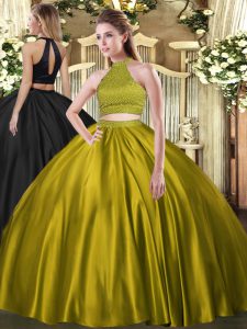 Wonderful Tulle Halter Top Sleeveless Backless Beading Sweet 16 Dress in Yellow Green