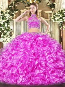 Captivating Lilac Tulle Backless High-neck Sleeveless Floor Length Sweet 16 Quinceanera Dress Beading and Ruffles