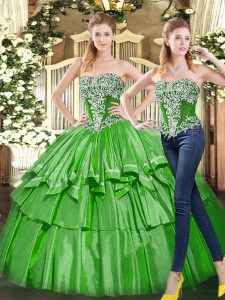 Green Ball Gowns Tulle Strapless Sleeveless Beading and Ruffled Layers Floor Length Lace Up Quinceanera Dresses