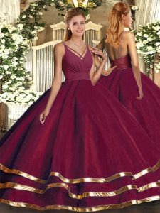 Artistic Burgundy Sleeveless Tulle Backless Quince Ball Gowns for Military Ball and Sweet 16 and Quinceanera