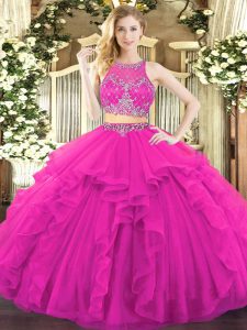 Sweet Fuchsia Two Pieces Scoop Sleeveless Tulle Floor Length Zipper Beading and Ruffles Quinceanera Gown
