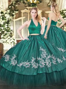 Dark Green Halter Top Neckline Appliques Quinceanera Dress Sleeveless Zipper