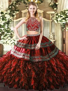 Burgundy Two Pieces Beading and Ruffles 15th Birthday Dress Zipper Tulle Sleeveless Floor Length