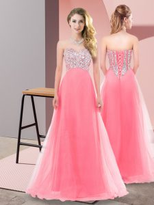 Popular Sleeveless Tulle Floor Length Lace Up Court Dresses for Sweet 16 in Watermelon Red with Beading