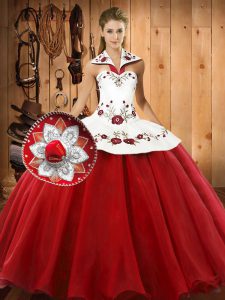 Wine Red Halter Top Lace Up Embroidery Quinceanera Dress Sleeveless