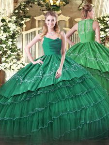 Straps Sleeveless Organza and Taffeta Quinceanera Gowns Embroidery and Ruffled Layers Zipper