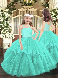 Perfect Turquoise Little Girl Pageant Gowns Party and Quinceanera with Beading and Lace Straps Sleeveless Zipper