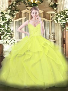 Free and Easy Yellow Green and Yellow Spaghetti Straps Zipper Ruffles and Ruching Sweet 16 Quinceanera Dress Sleeveless