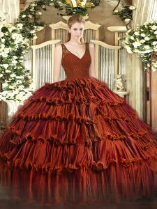 Stunning Rust Red Sleeveless Floor Length Beading and Ruffled Layers Zipper Quinceanera Dresses