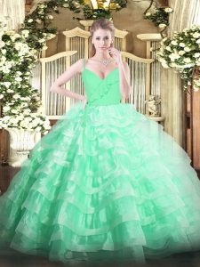 Nice Apple Green Organza Zipper Spaghetti Straps Sleeveless Floor Length Quinceanera Dresses Ruffled Layers