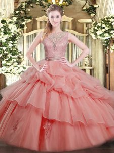 Lovely Ball Gowns 15th Birthday Dress Watermelon Red Scoop Tulle Sleeveless Floor Length Backless