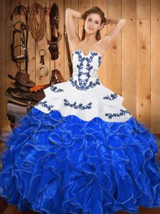 Hot Sale Sleeveless Floor Length Embroidery and Ruffles Lace Up 15th Birthday Dress with Blue And White