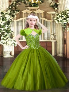 Superior Olive Green Sleeveless Tulle Lace Up Pageant Dress for Party and Quinceanera