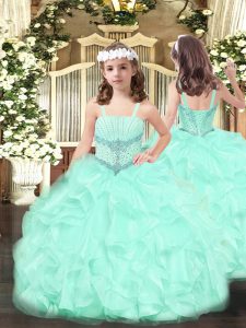 Organza Straps Sleeveless Lace Up Beading and Ruffles Kids Pageant Dress in Apple Green