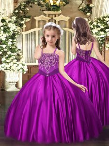 Superior Fuchsia Ball Gowns Straps Sleeveless Satin Floor Length Lace Up Beading Child Pageant Dress