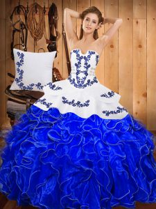 Lovely Blue And White Satin and Organza Lace Up Strapless Sleeveless Floor Length Quinceanera Gowns Embroidery and Ruffles