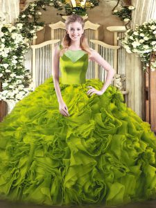 Best Sleeveless Floor Length Beading Side Zipper 15 Quinceanera Dress with Olive Green