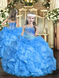 Pretty Baby Blue Lace Up Little Girls Pageant Dress Beading and Ruffled Layers Sleeveless Floor Length