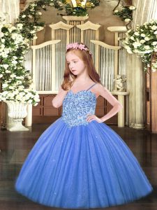 Pretty Floor Length Lace Up Little Girls Pageant Dress Wholesale Baby Blue for Party and Quinceanera with Appliques