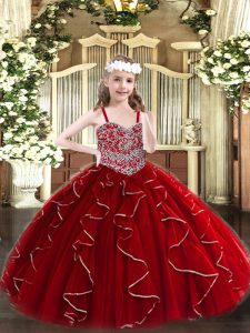 Nice Wine Red Sleeveless Organza Lace Up Pageant Dress for Girls for Party and Quinceanera
