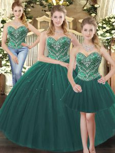 Flirting Dark Green Three Pieces Tulle Sweetheart Sleeveless Beading Floor Length Lace Up Vestidos de Quinceanera